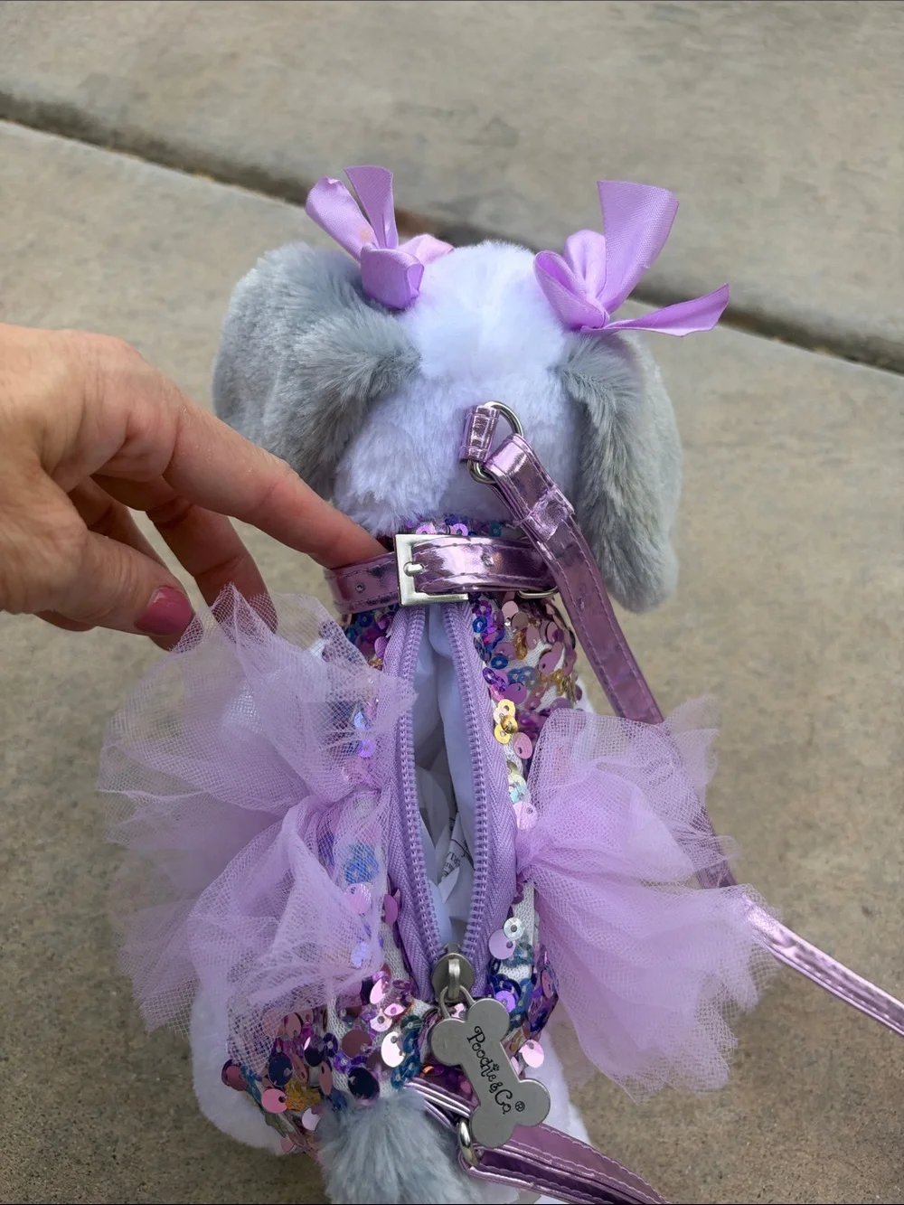 Plush White & Gray Puppy Toy with Lavender Bows Purse- Pet Play Plush